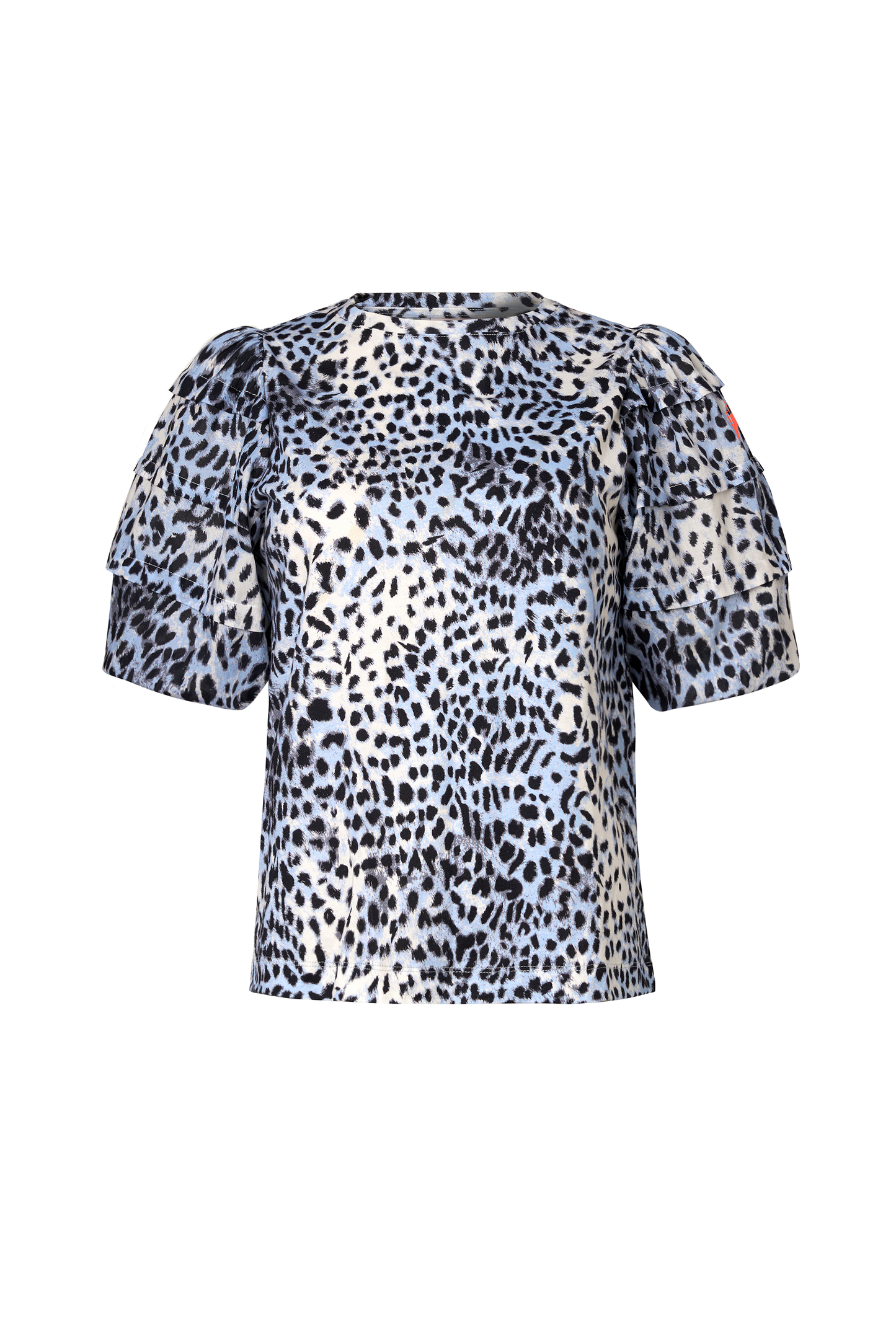 White with Blue and Grey Cheetah Pintuck Sleeve T-Shirt