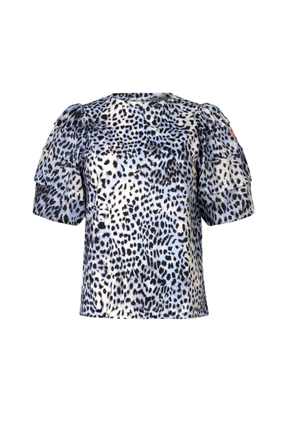 White with Blue and Grey Cheetah Pintuck Sleeve T-Shirt