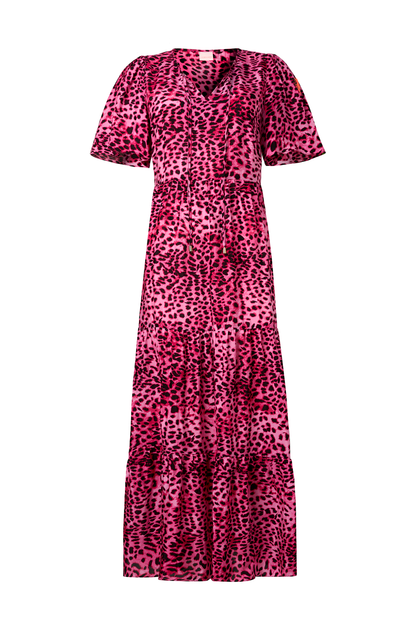 Bright Pink with Black Cheetah Tie Front Maxi Dress