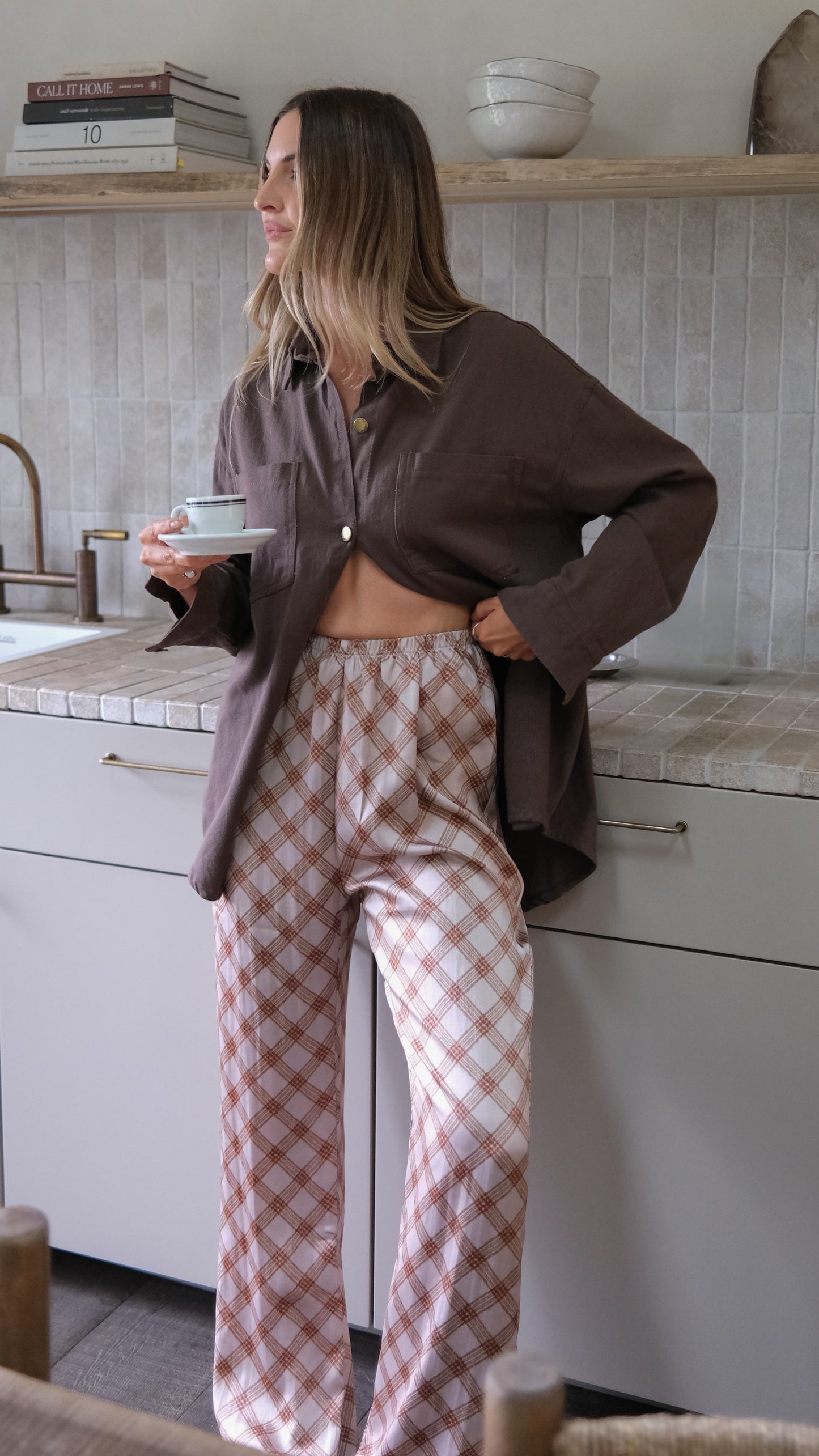 Imogen Button Pants - Brown Plaid