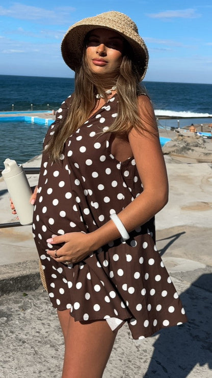 Vanessa Oversized Mini Dress - Brown Polka