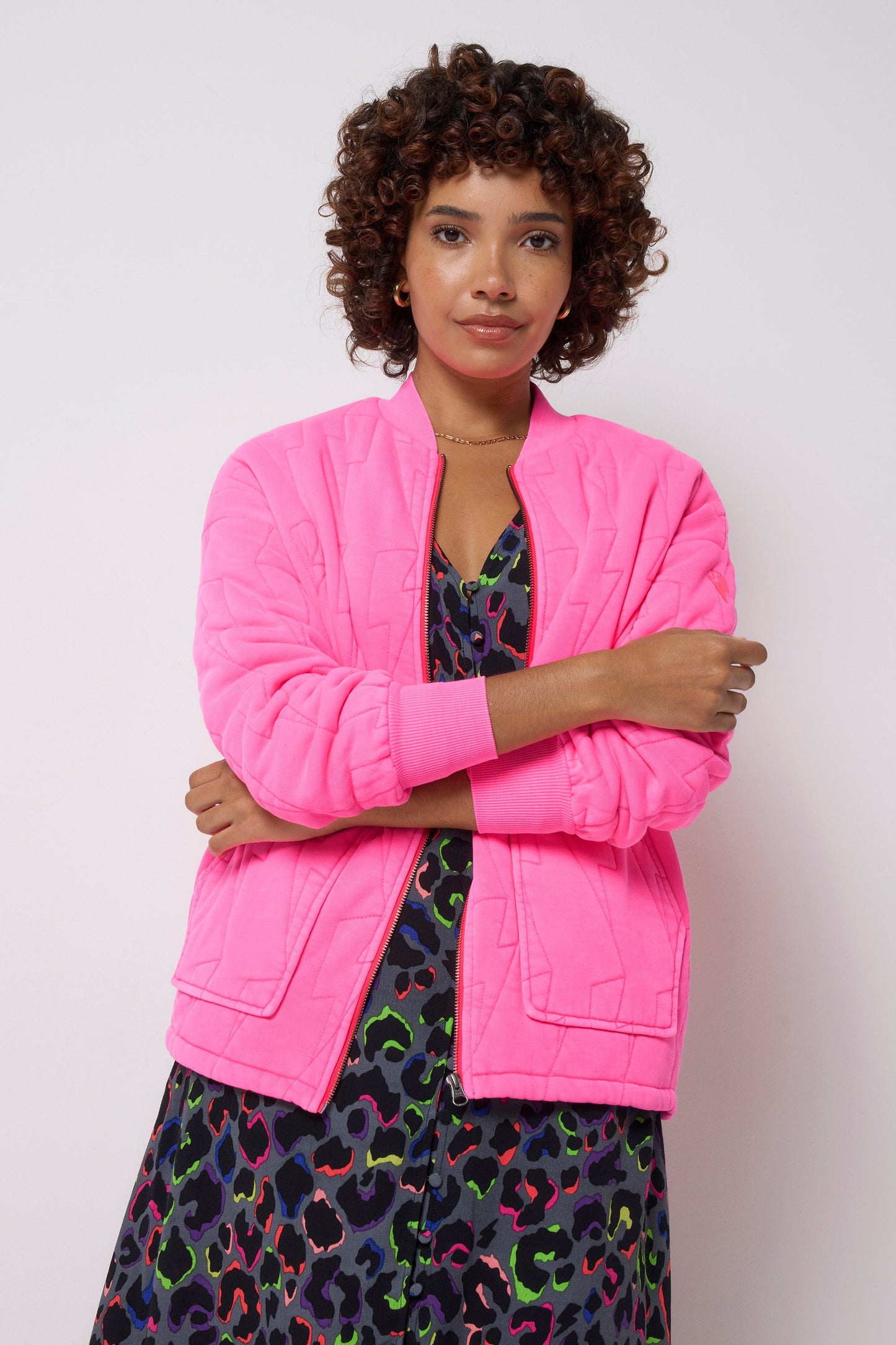 Neon Pink Lightning Bolt Regular Fit Quilted Bomber Jacket