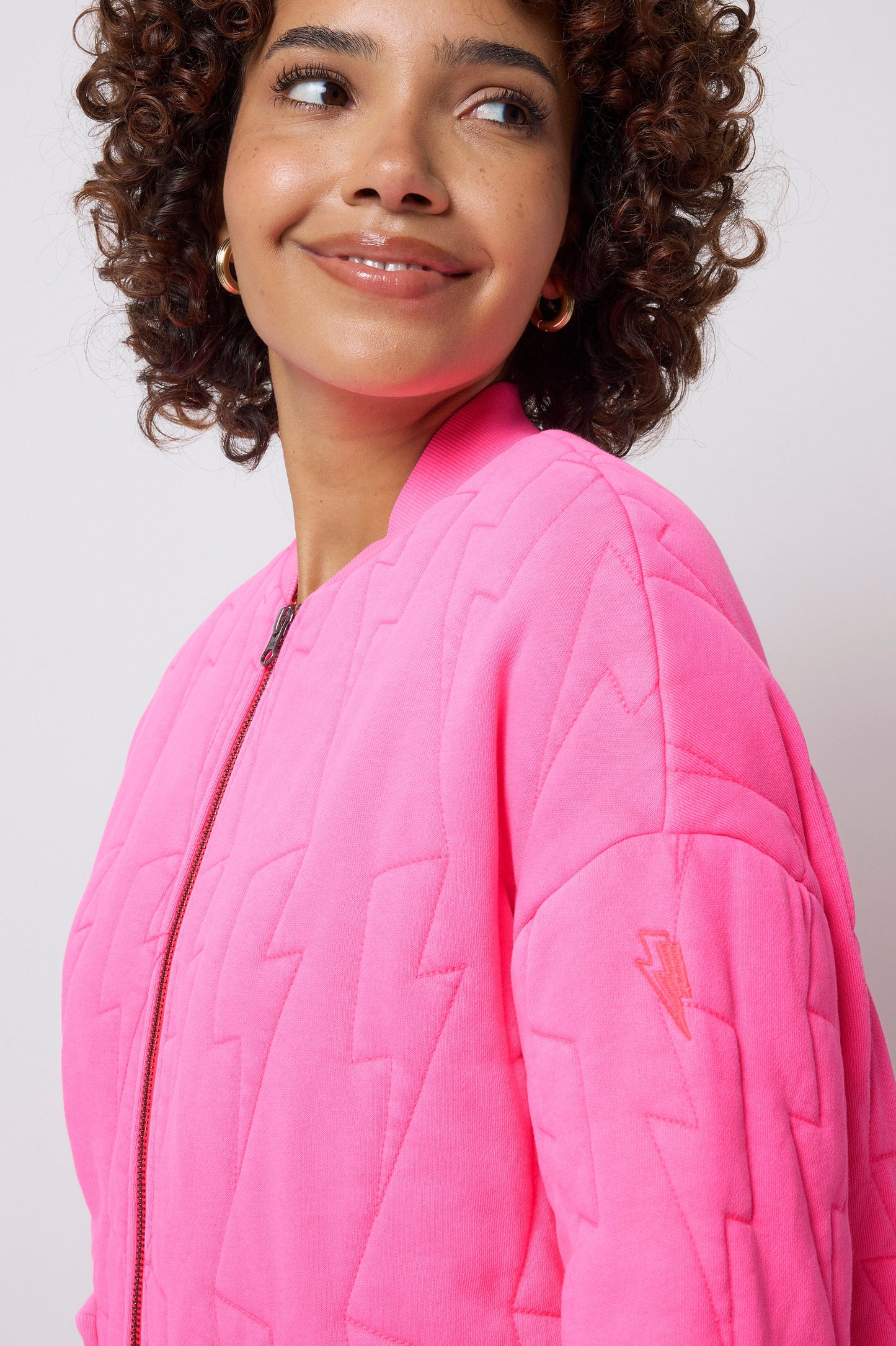 Neon Pink Lightning Bolt Regular Fit Quilted Bomber Jacket
