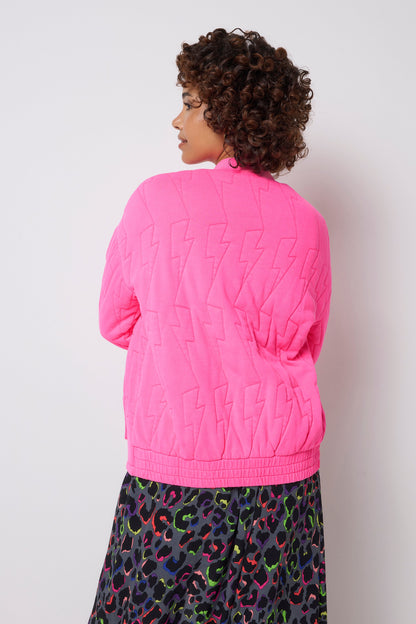 Neon Pink Lightning Bolt Regular Fit Quilted Bomber Jacket
