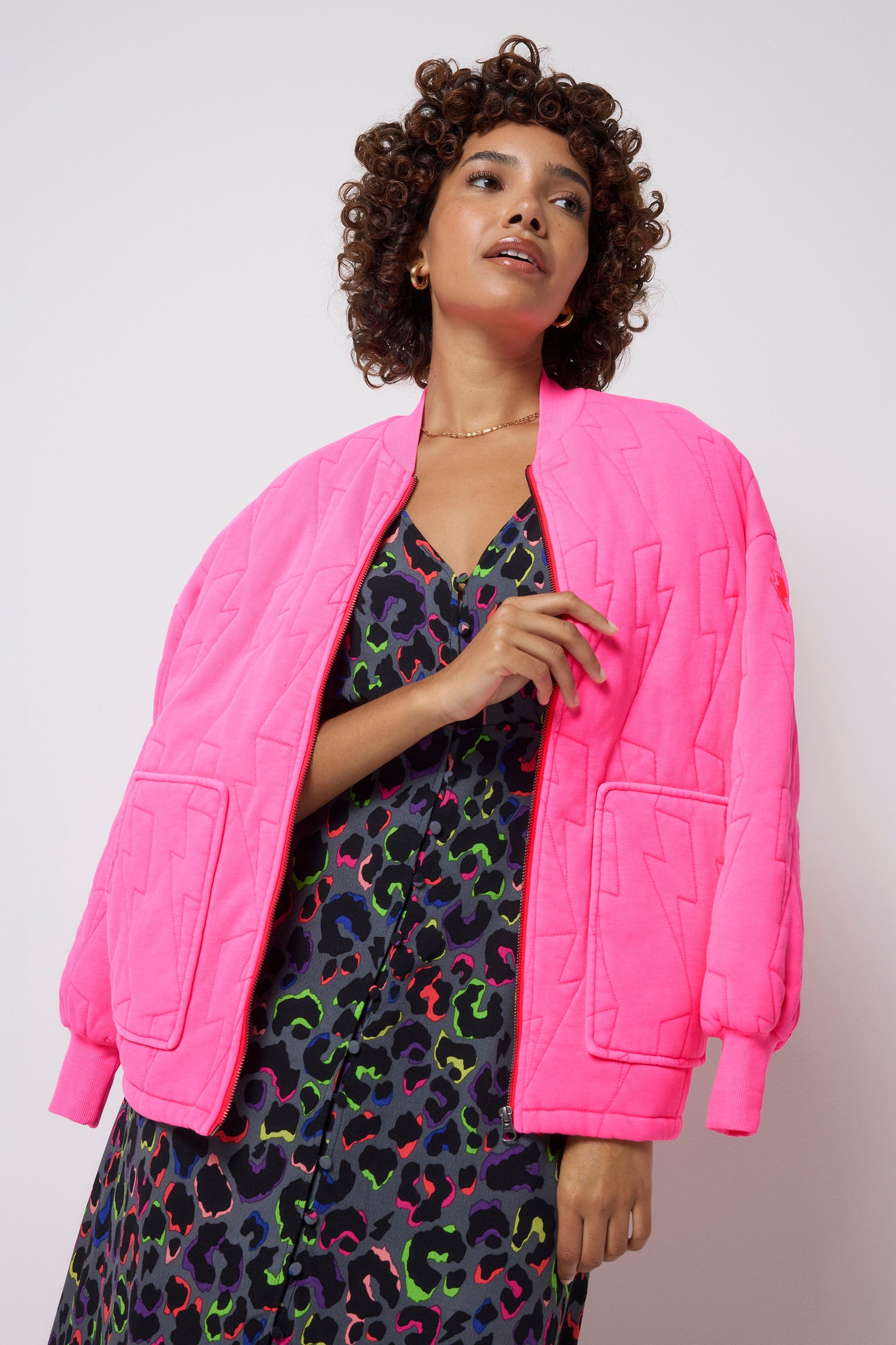 Neon Pink Lightning Bolt Regular Fit Quilted Bomber Jacket