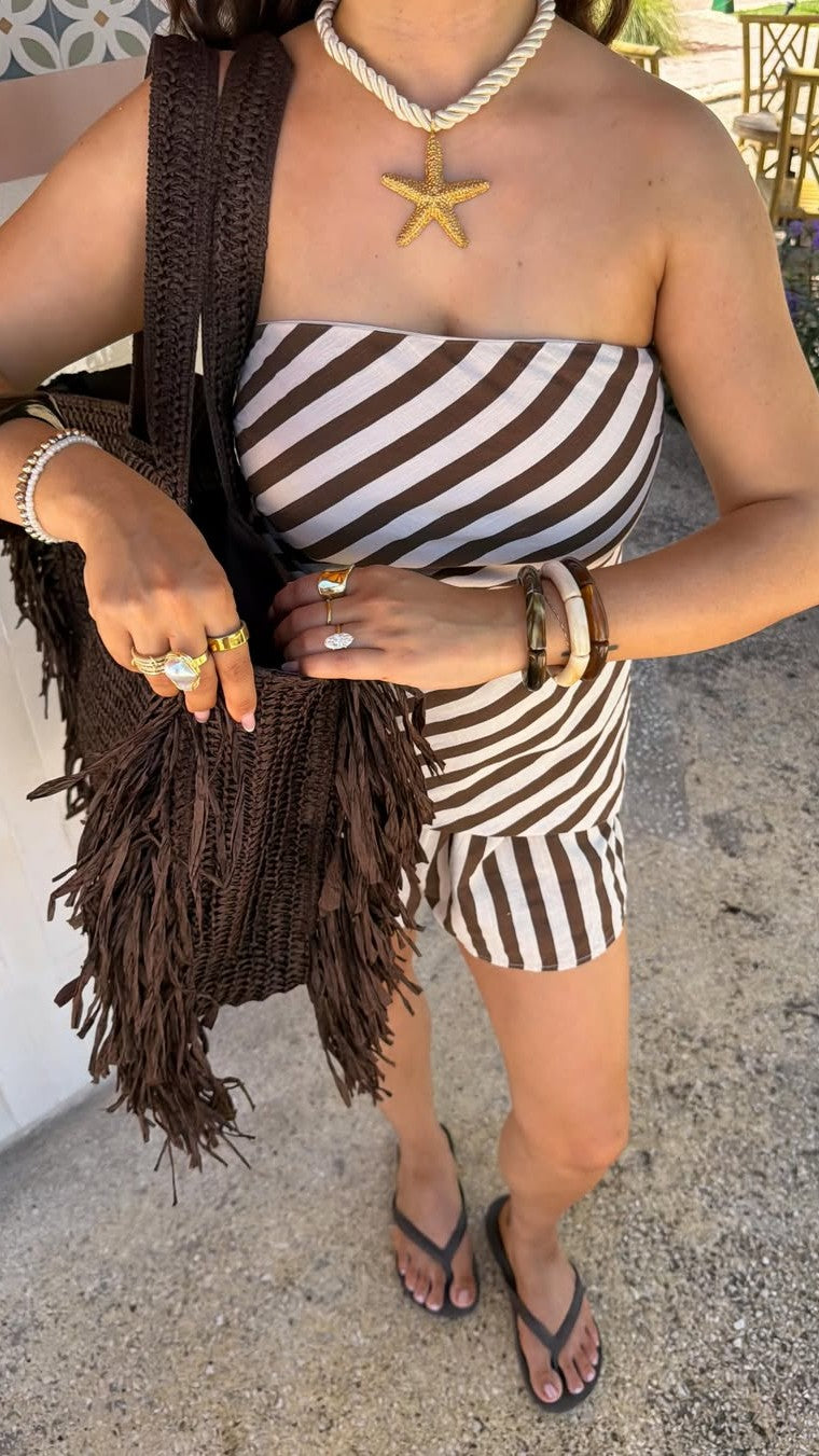 Gia Strapless Top and Shorts Set - Chocolate Stripe