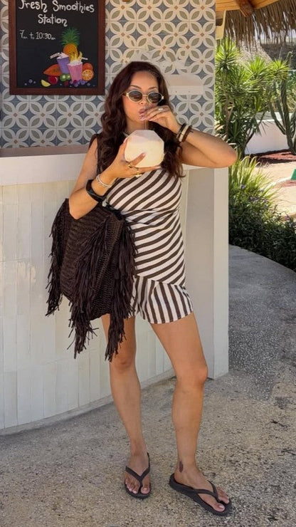 Gia Strapless Top and Shorts Set - Chocolate Stripe