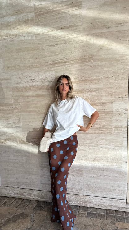 Yumi Oversized Tee and  Sheer Skirt Set - White/Brown/Blue Polka