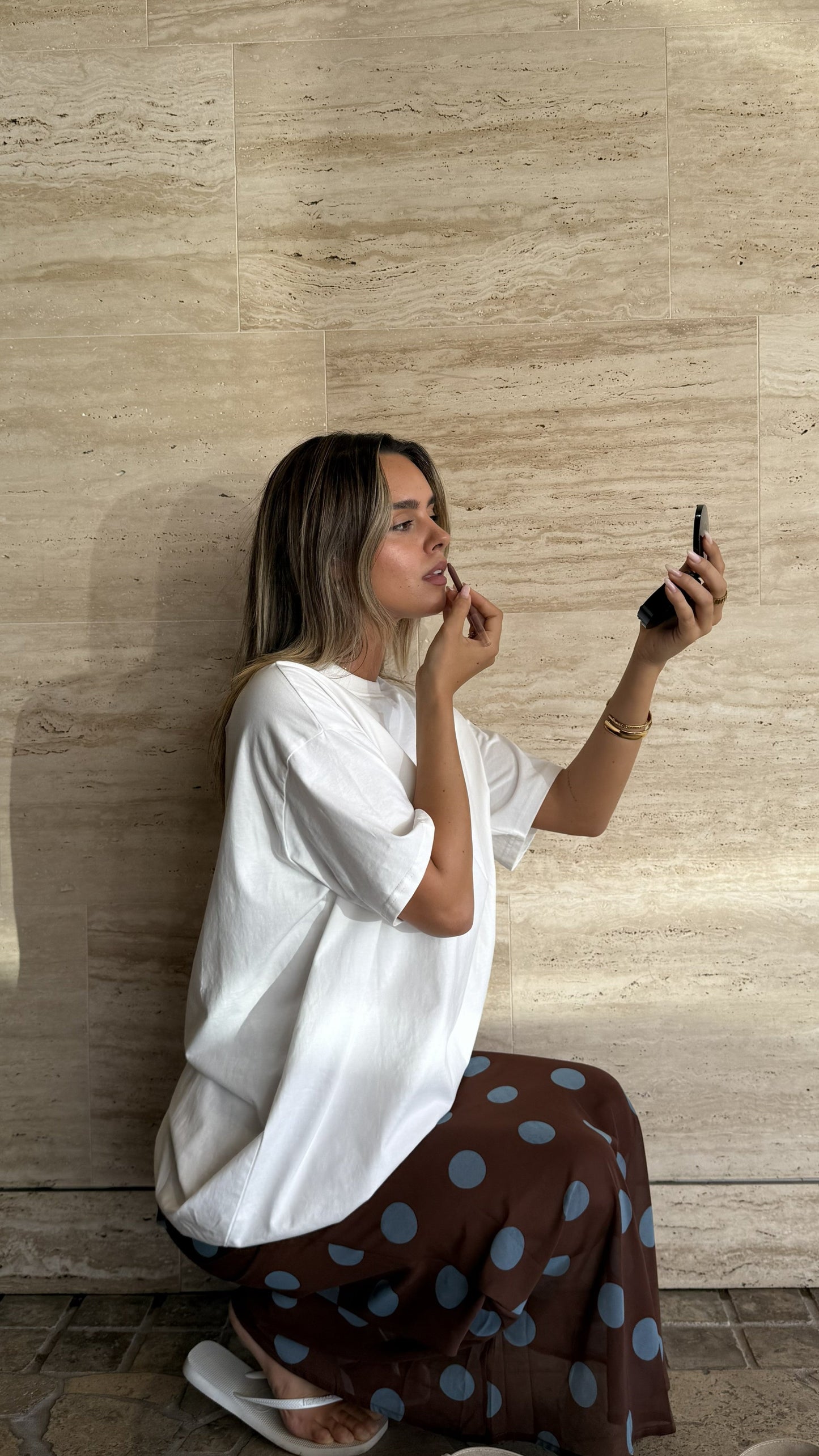 Yumi Oversized Tee and  Sheer Skirt Set - White/Brown/Blue Polka