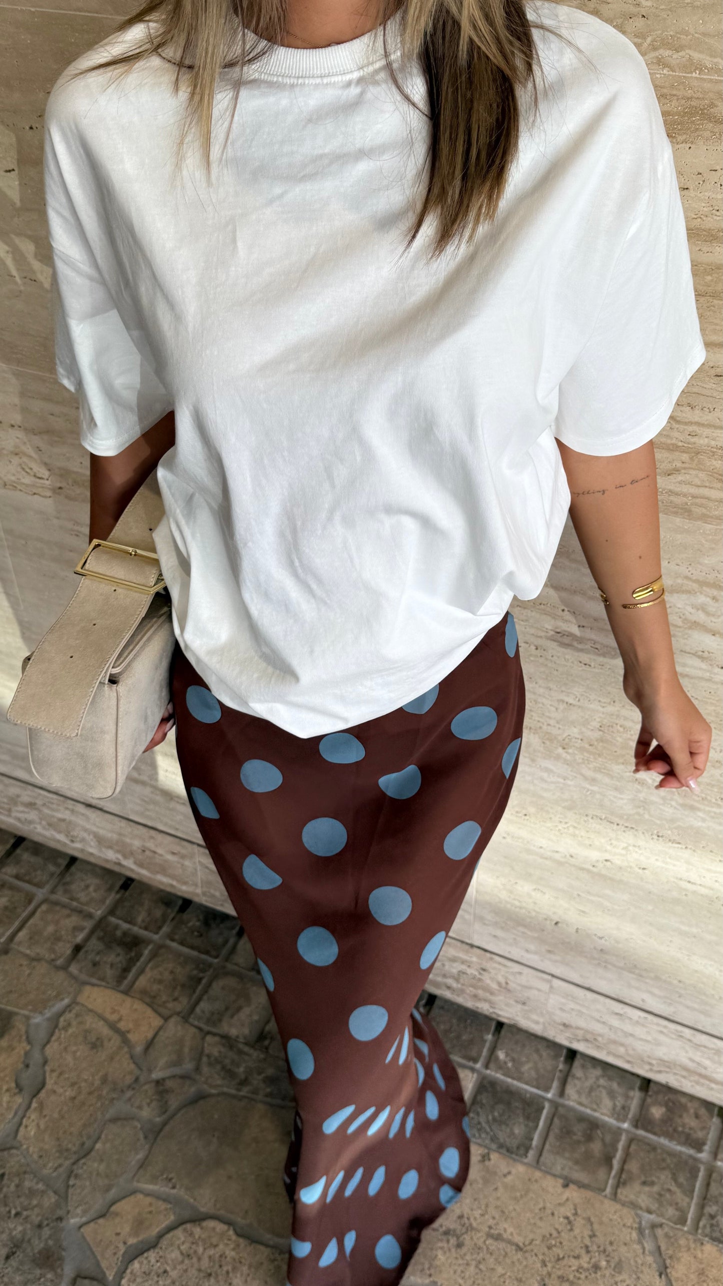 Yumi Oversized Tee and  Sheer Skirt Set - White/Brown/Blue Polka