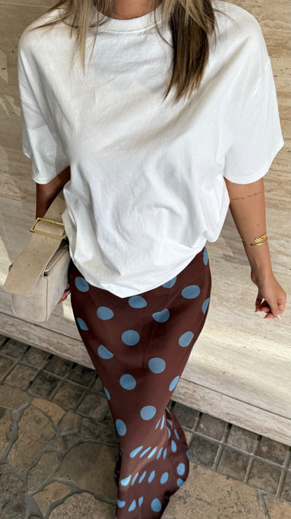 Yumi Oversized Tee and  Sheer Skirt Set - White/Brown/Blue Polka