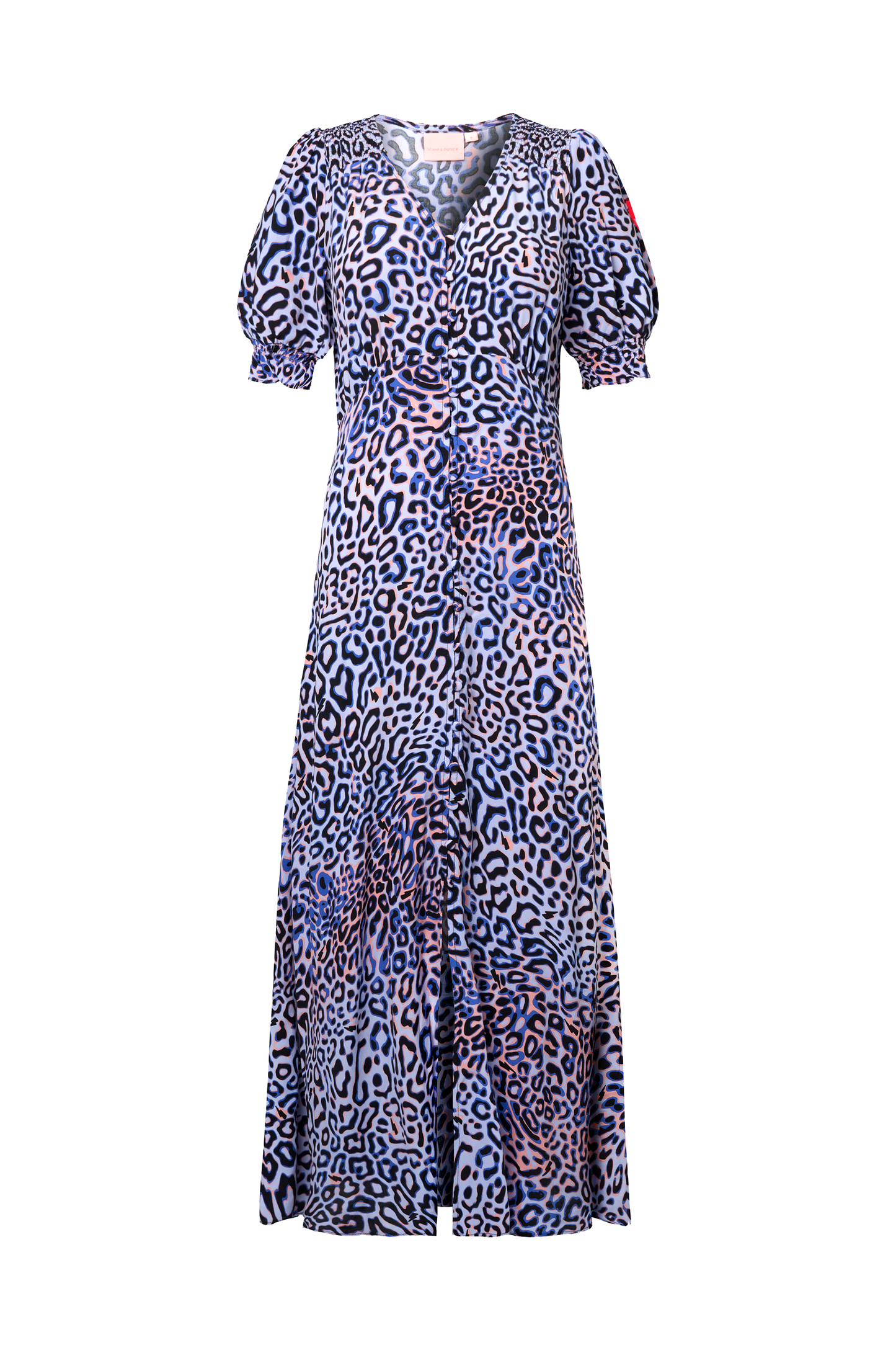 Lilac with Black and Pink Leopard Ray Flute Sleeve Midi Tea Dress