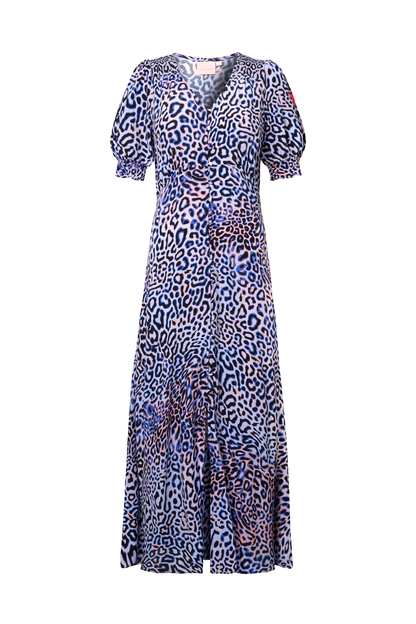 Lilac with Black and Pink Leopard Ray Flute Sleeve Midi Tea Dress