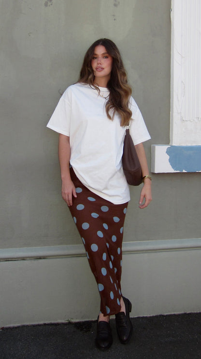 Yumi Oversized Tee and  Sheer Skirt Set - White/Brown/Blue Polka