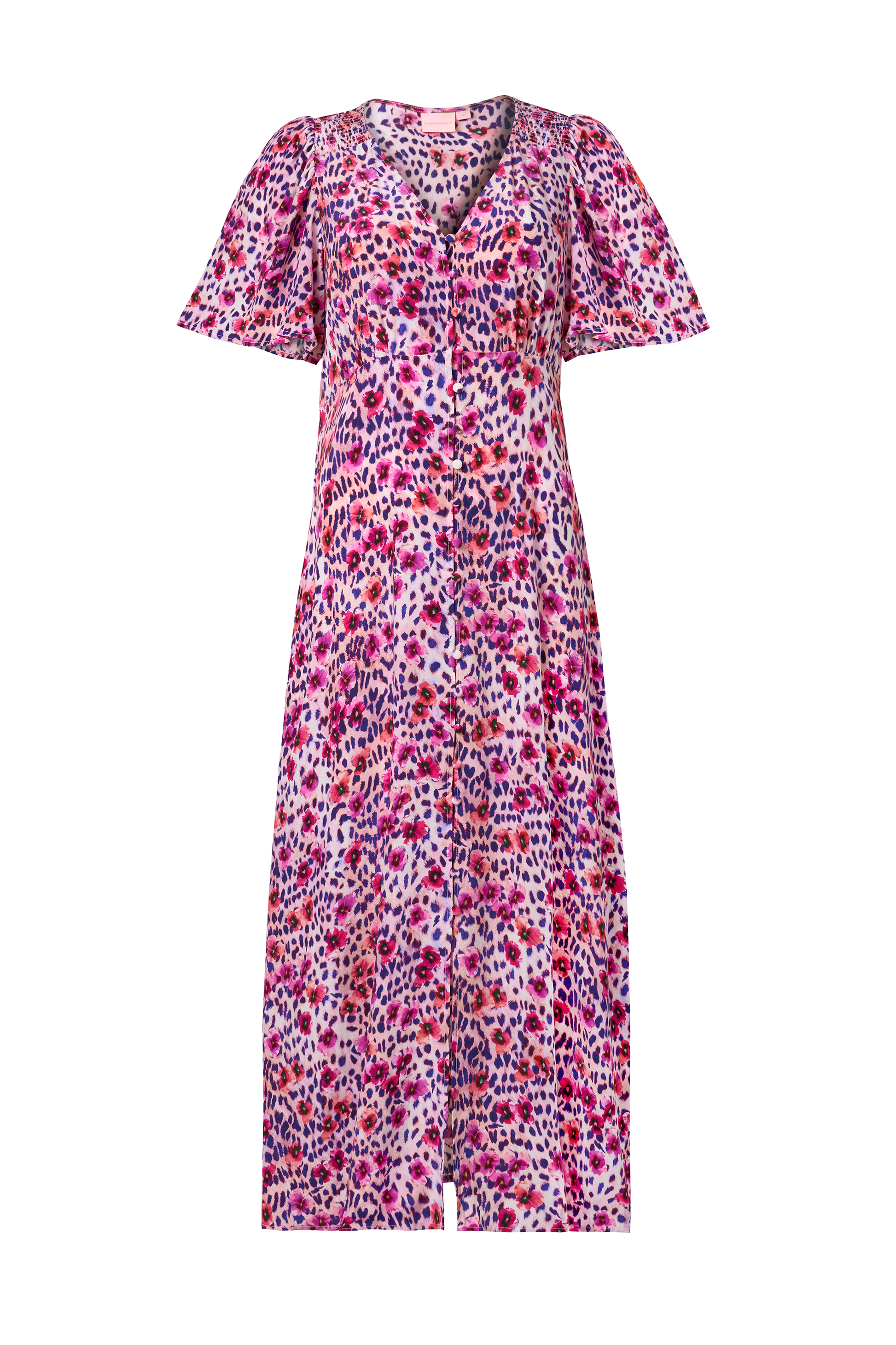 White with Pink Paradise Cheetah Angel Sleeve Midi Tea Dress