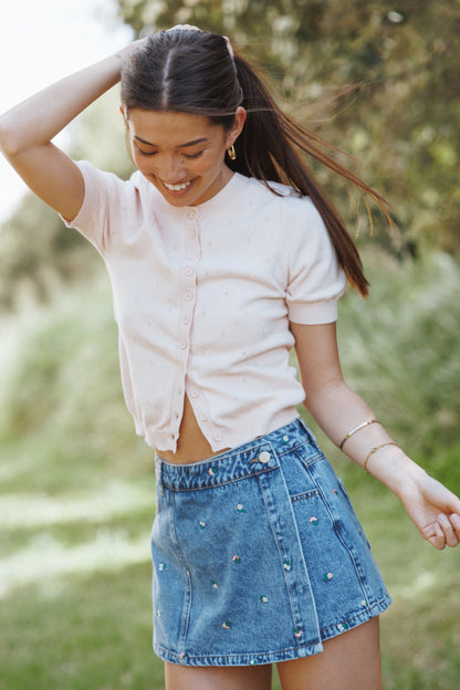 Evanna Denim Skort - Embroidery Medium Wash