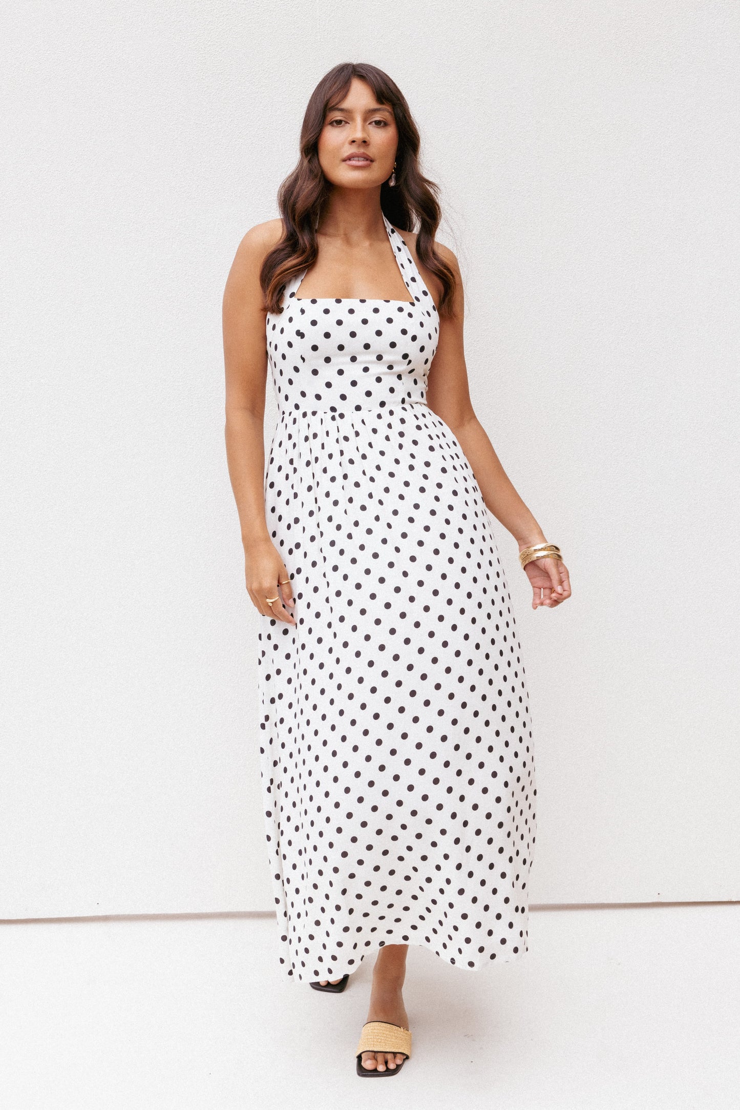 Gemini Halterneck Maxi Dress - White Polka Dot