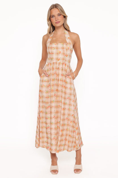 Gemini Halterneck Maxi Dress - Yellow Floral Gingham