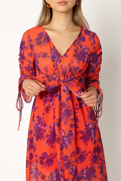 Hallie Midi Floral Dress - Red Wine