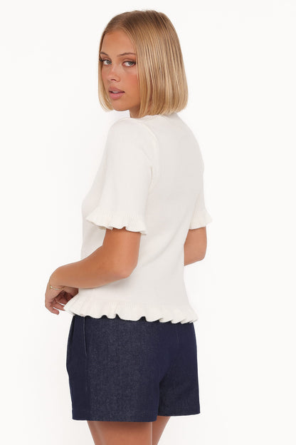 Emilie Short Sleeve Ruffle Crew Sweater - Cream