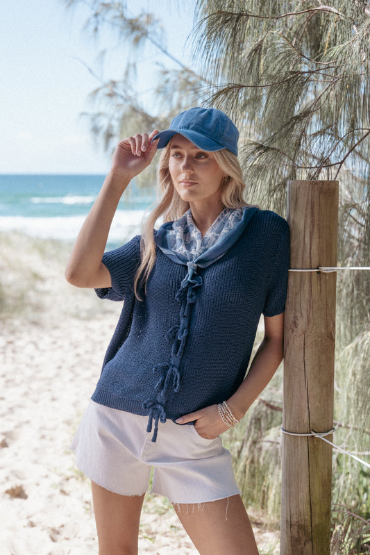 Gemma Short Sleeve Bow Cardigan - Navy