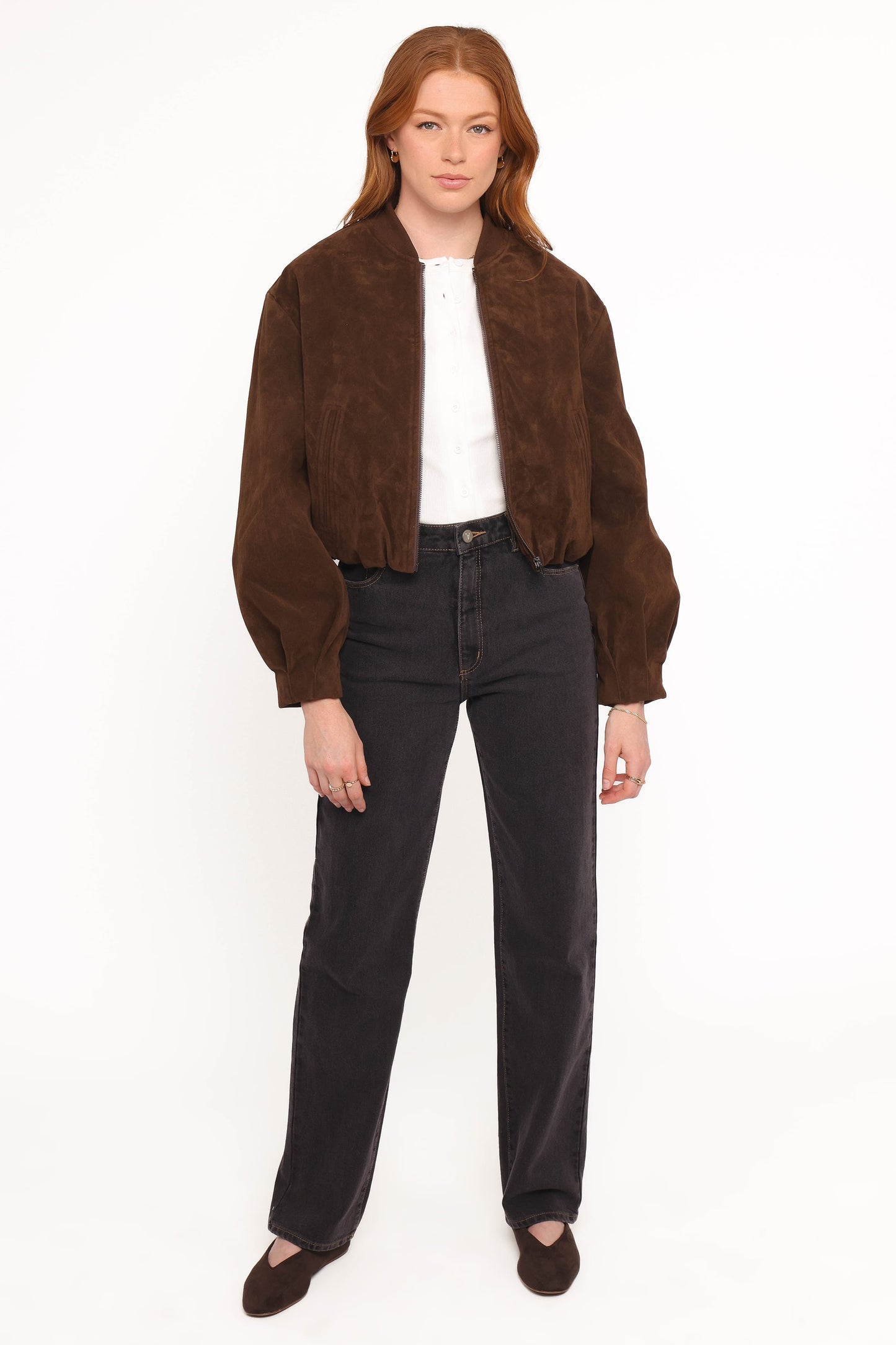 Goldie Faux Suede Bomber Jacket - Brown