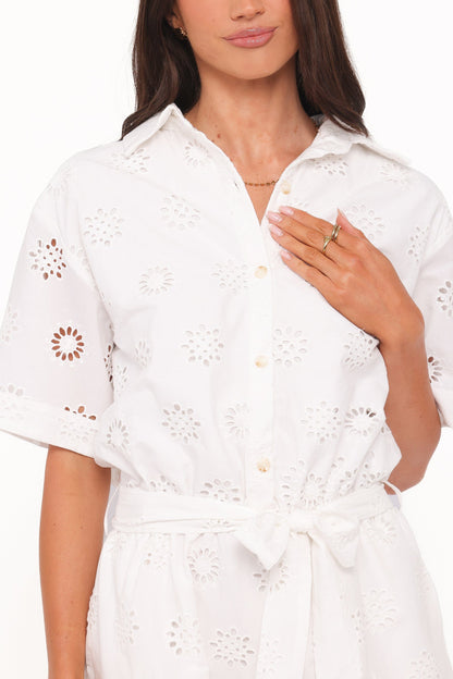 Jamie Tie Front Romper - White Broderie