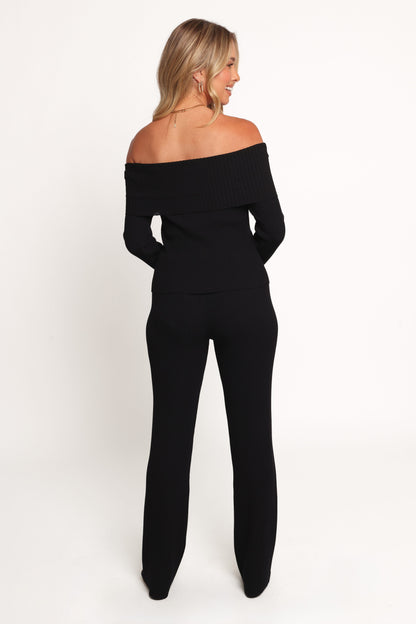 Gindie Ribbed Knit Off The Shoulder Pant Set - Black