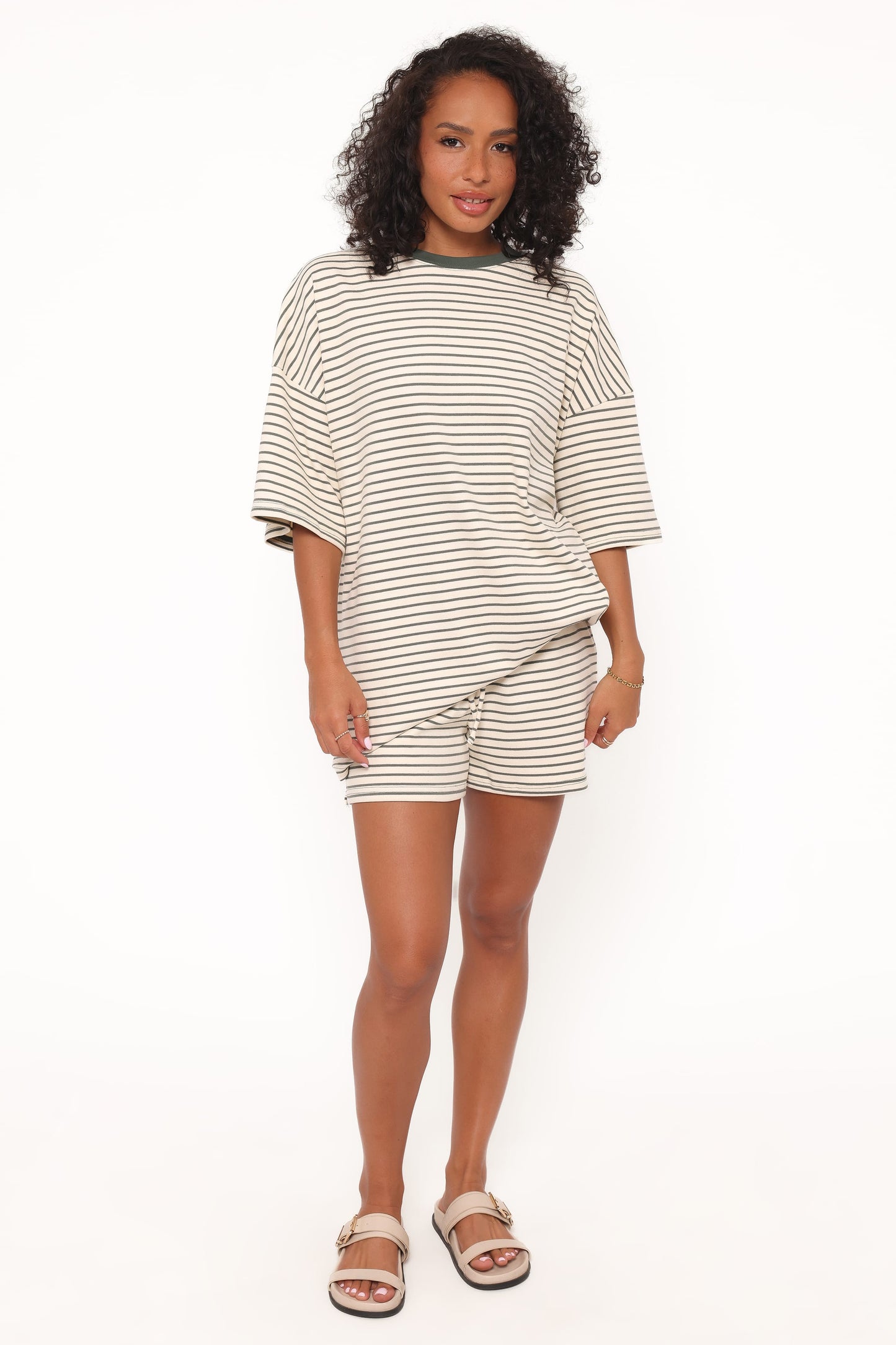 Hellen Stripe Short Set - Cream/Green Stripe