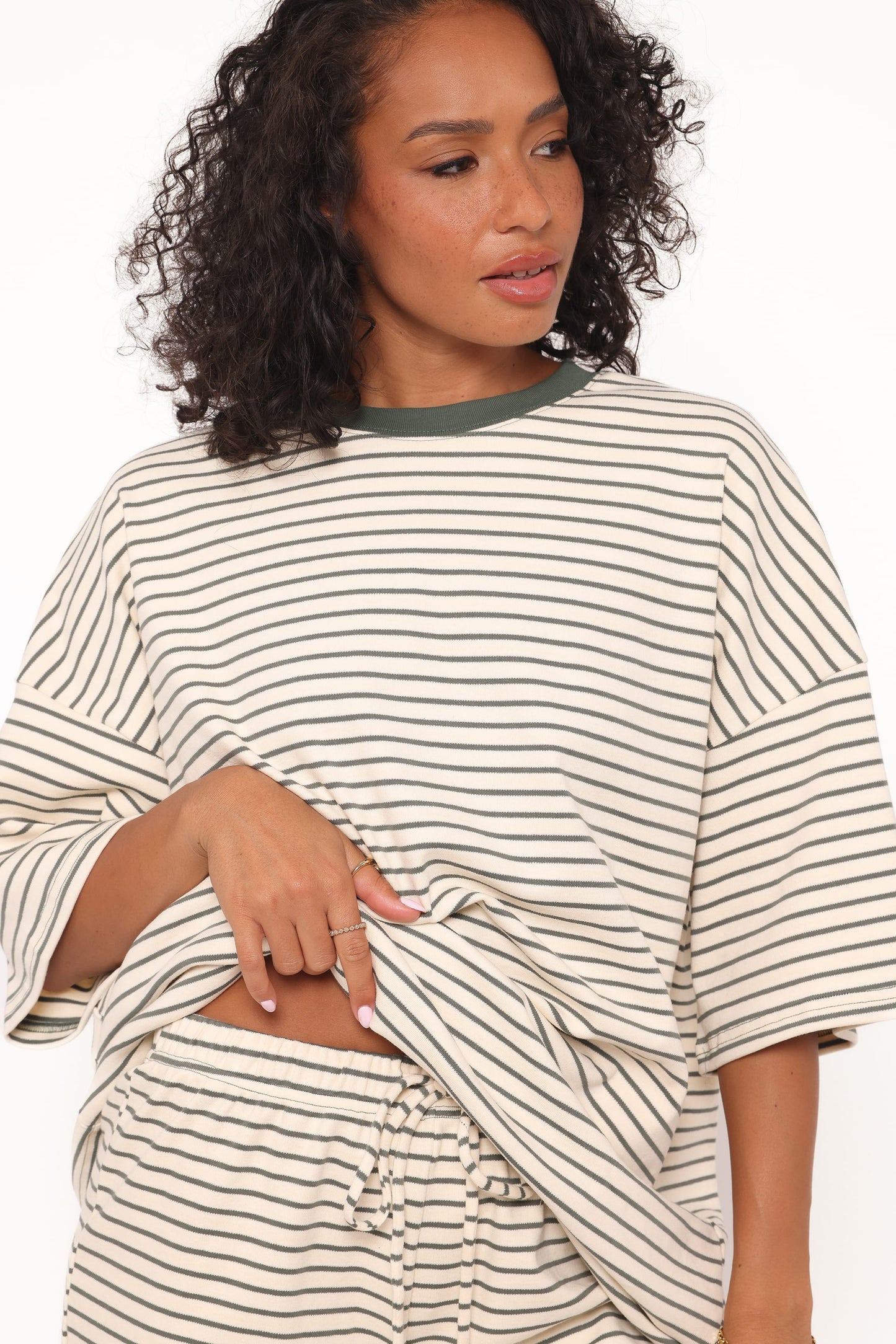 Hellen Stripe Short Set - Cream/Green Stripe