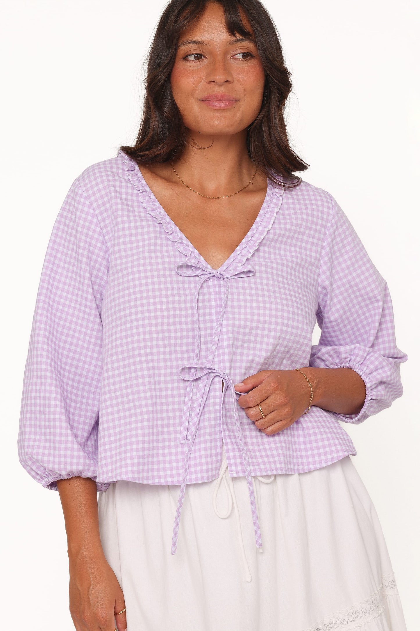 Fainche Front Tie Top - Lilac Gingham