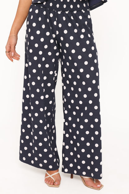 Jillian Smocked Pant Set - Navy Polka Dot