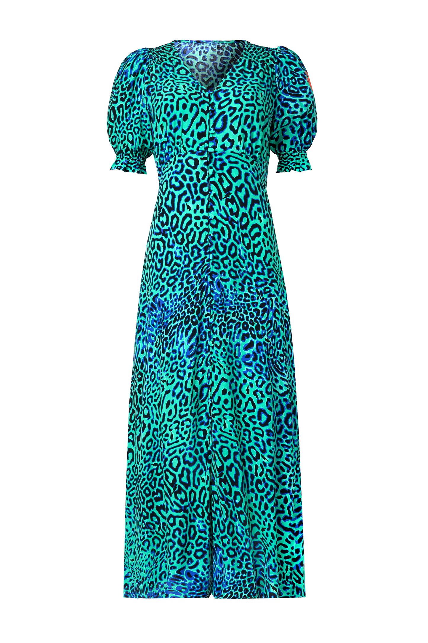 Green with Black Leopard Ray Flute Sleeve Midi Tea Dress